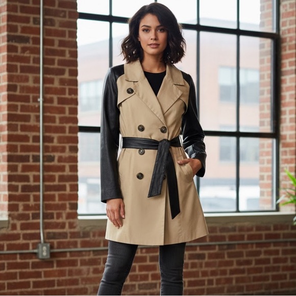 Lob Jackets & Blazers - Chic Beige and Black Women's Trench Coat